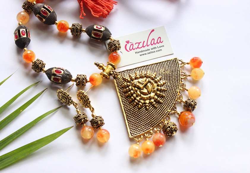  Ganesha shaded orange gemstone handmade necklace earring set