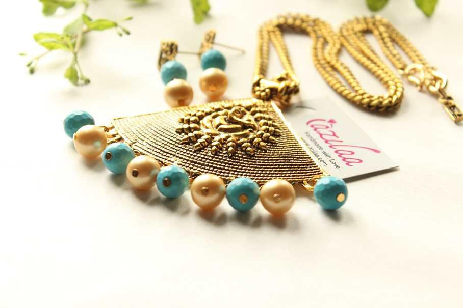  Ganesha turquoise pearl antique gold tone necklace earrings set