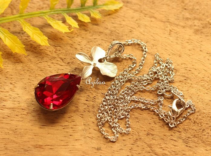 Garnet red Crystal CZ flower pendant silver necklace