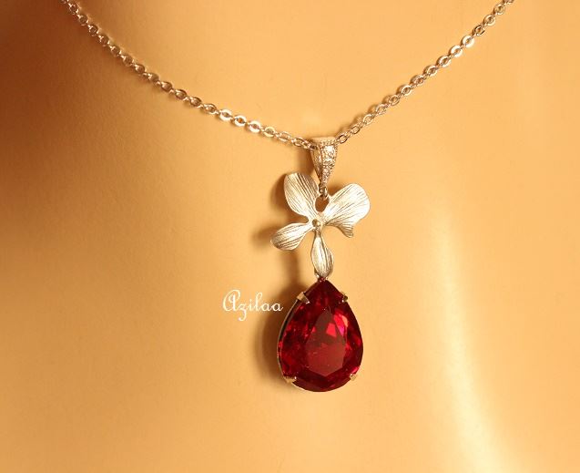 Garnet red Crystal CZ flower pendant silver necklace