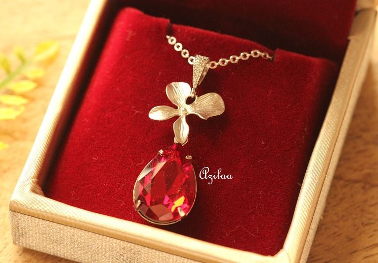 Garnet red Crystal CZ flower pendant silver necklace