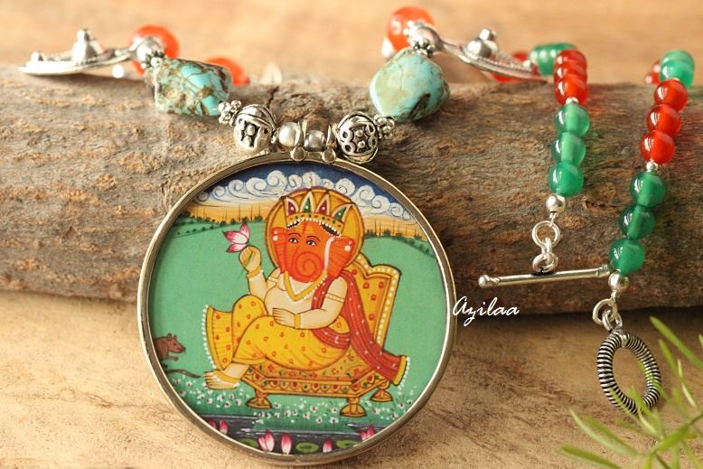 Gemstone Ganesha Bright colorful gemstone handmade necklace at ₹2400