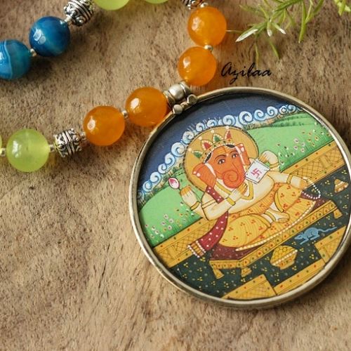 Gemstone Ganesha Bright colorful gemstone handmade necklace at ₹2400