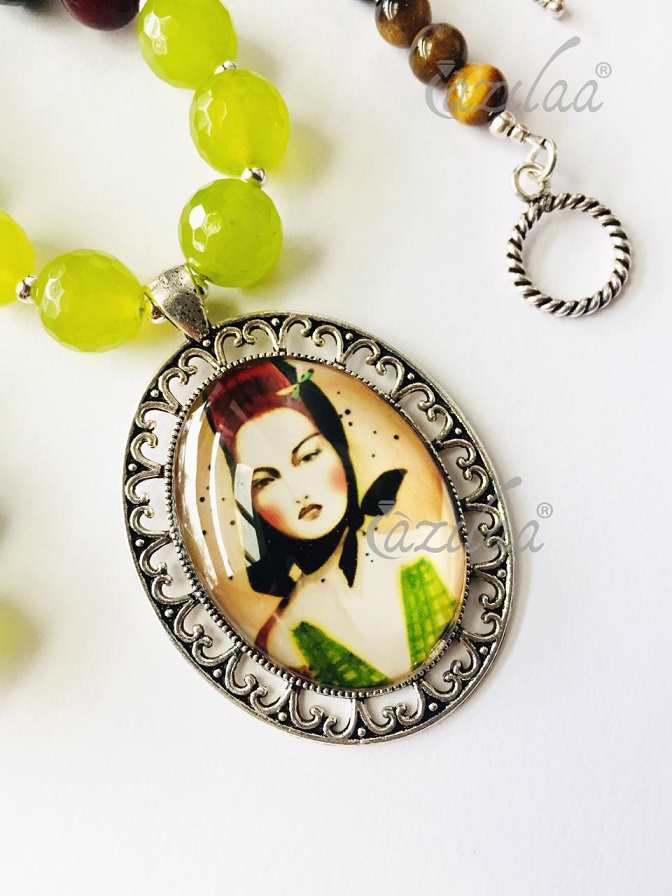 Modern contemporary necklace,lime green spring  gemstone set