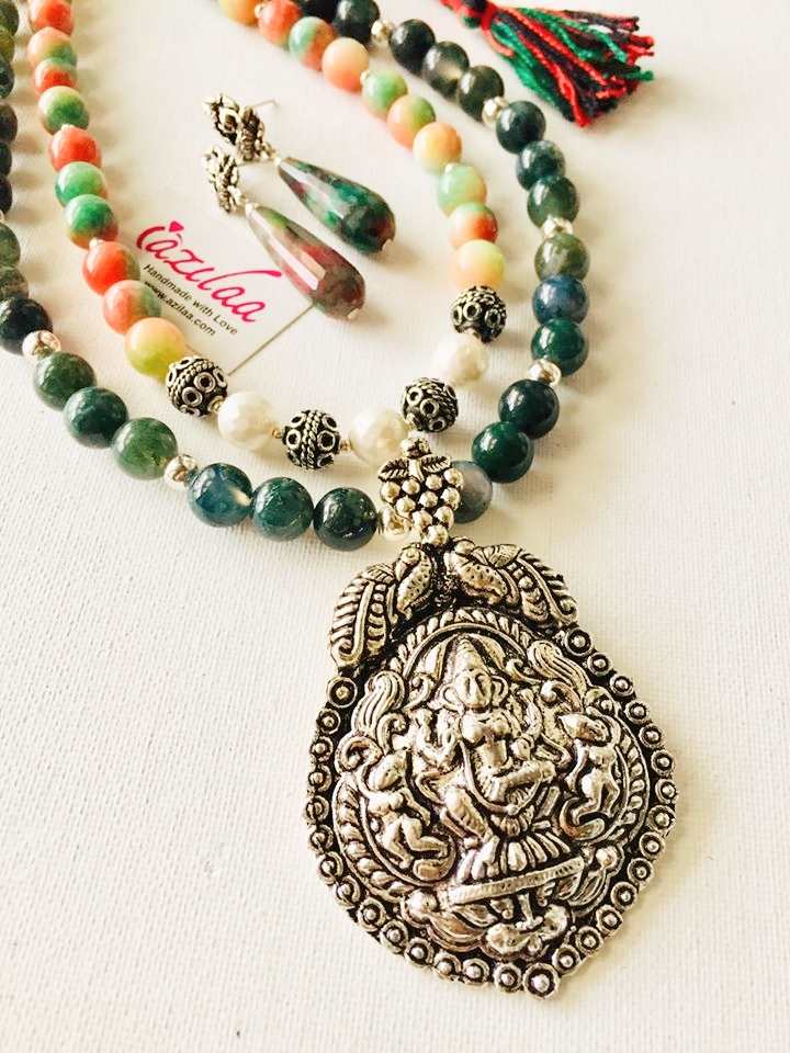 Goddess Laxmi Peach green Gemstone beaded handmade necklace set at ...