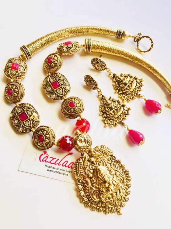  Goddess Laxmi maroon gemstone antique gold tone necklace set