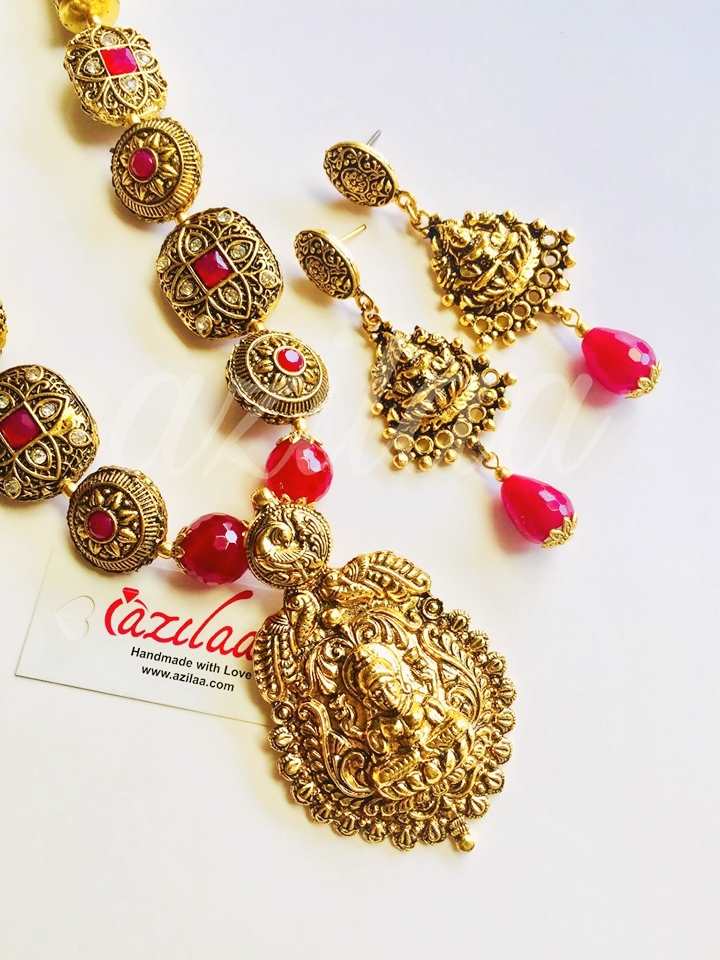  Goddess Laxmi maroon gemstone antique gold tone necklace set
