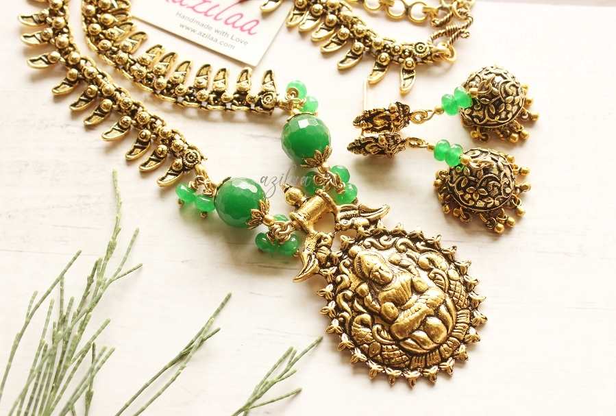 Goddess Statement antique gold tone green necklace earrings set