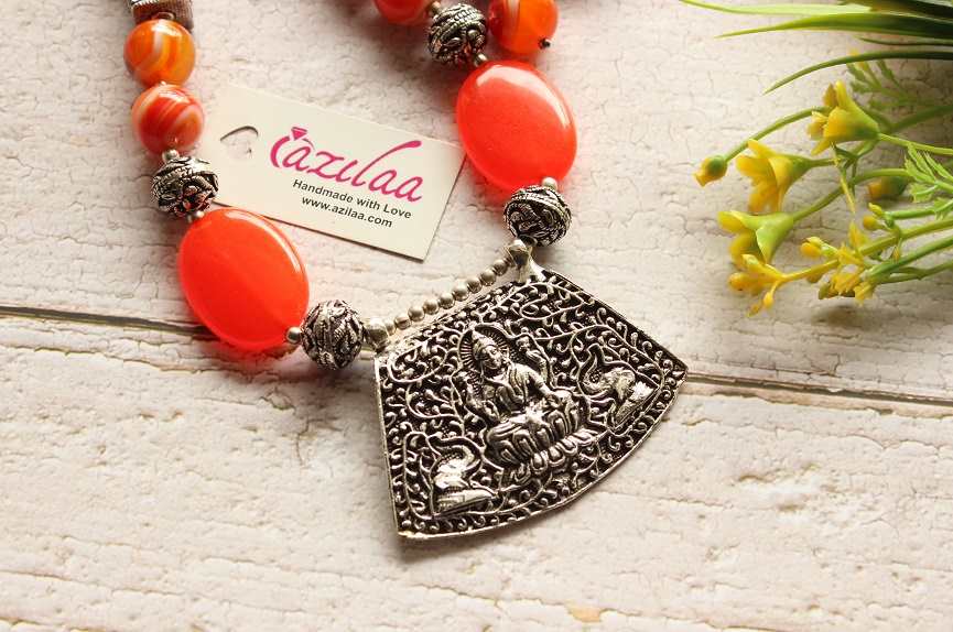Goddess laxmi orange gemstone necklace earrings set