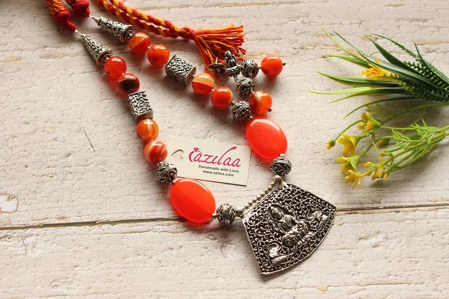 Goddess laxmi orange gemstone necklace earrings set