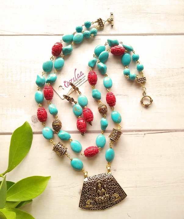 Goddess statement blue red gemstone antique golden necklace set