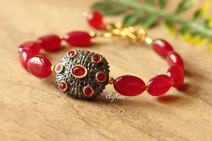 Gold plated maroon gemstone handmade bracelet