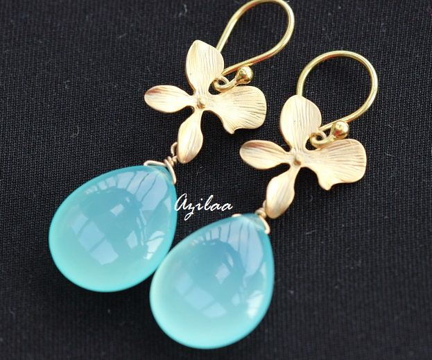 Golden Orchid Flower Pendant gemstone Necklace SET