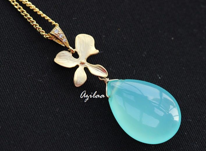 Golden Orchid Flower Pendant gemstone Necklace SET