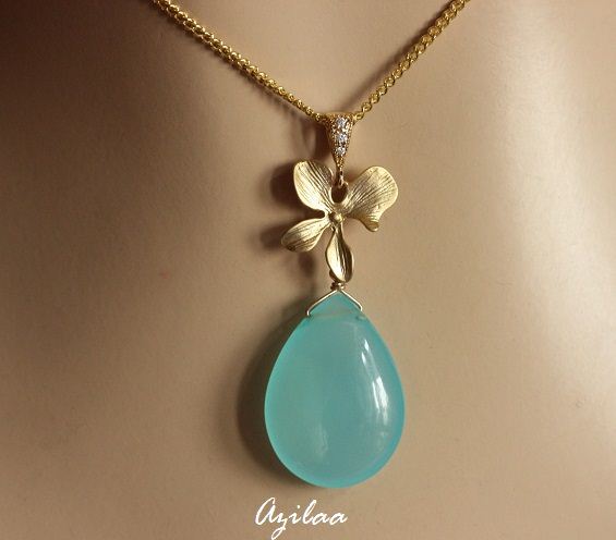Golden Orchid Flower Pendant gemstone Necklace SET