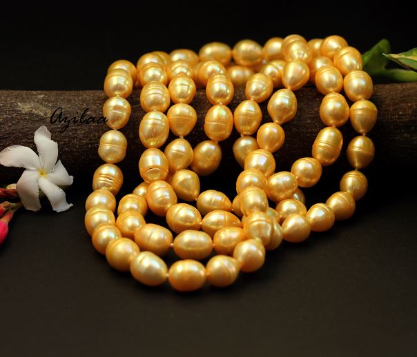 Golden designer natural Pearl Beaded long 36" Necklace at ₹7500 Azilaa