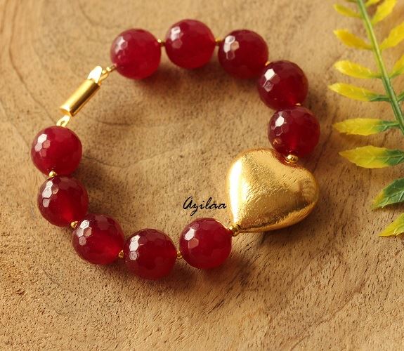 Golden heart Valentine maroon gemstone handmade bracelet