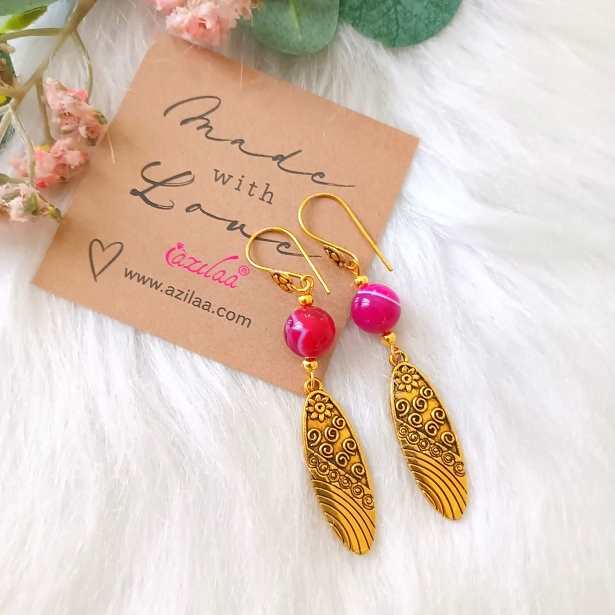 Gorgeous pink agate golden charm earrings