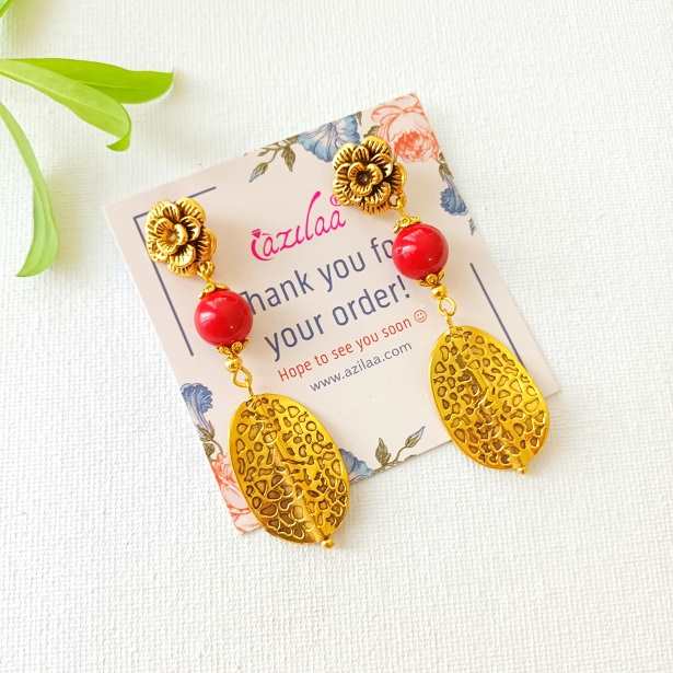 Gorgeous red flower pearl antique golden earrings