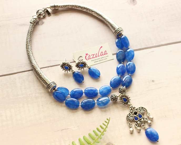 Gorgeous shaded blue Layered gemstone necklace earrings
