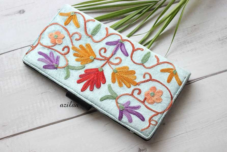 Gorgeous sky blue velvet embroidery purse wallet