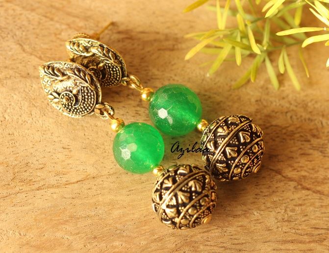 Green Antique Gold tone handmade post earrings