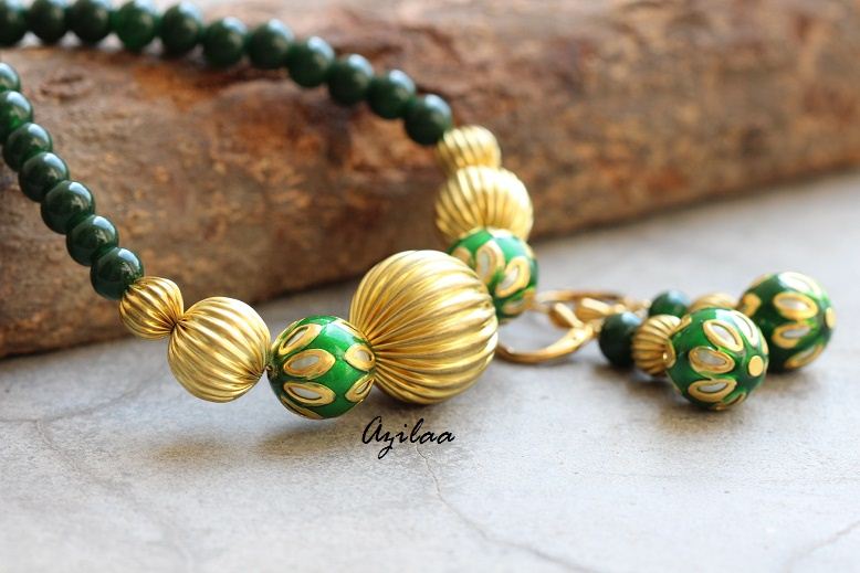 Green beads necklace jewelry, Green necklace earrings set