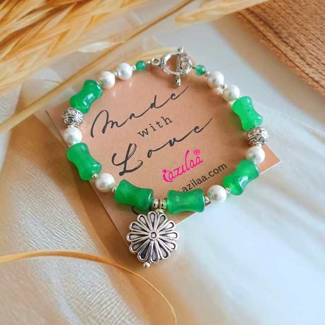 Green Aventurine flower charm couple  bracelet set