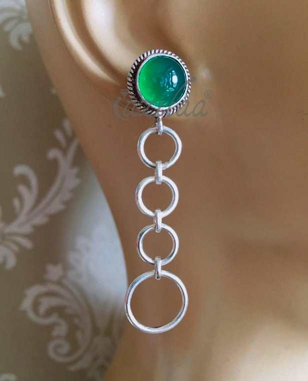 Green Onyx gemstone long post sterling silver handmade earrings