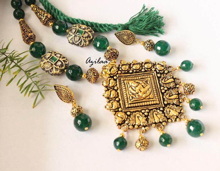 Green antique gold Ganesha laxmi Statement handmade necklace set