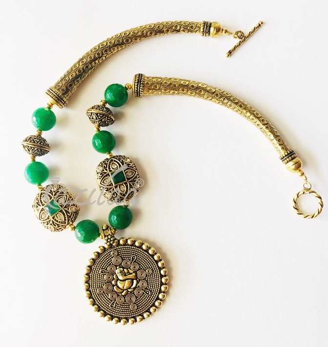 Green antique gold Ganesha Statement handmade necklace set