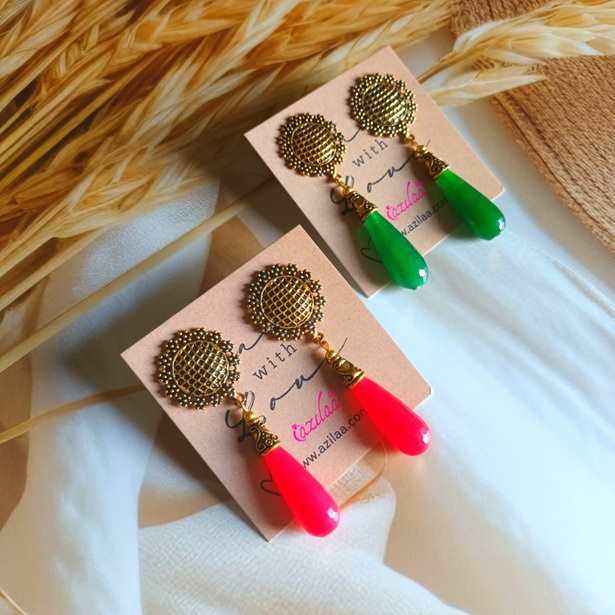 Green dangler gemstone antique golden post earrings