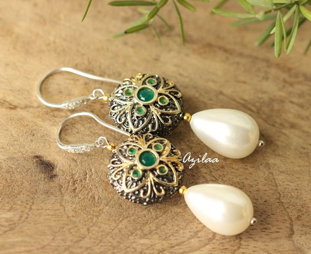 Green  modern oxidized pearl cz earrings