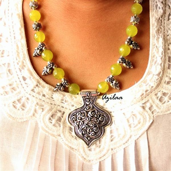 Fresh Lime Green handmade Gemstone Necklace earring set at ?2950 Azilaa