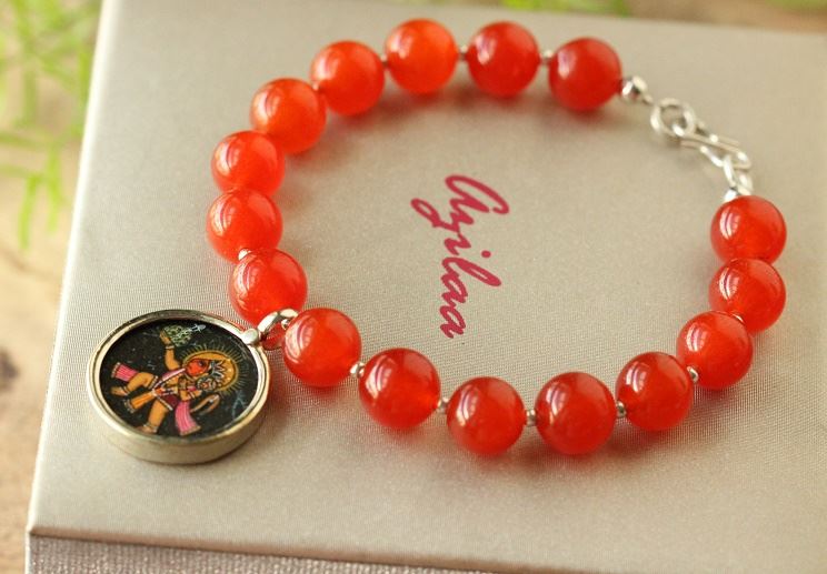 Hanuman  god charm gemstone beaded orange handmade men bracelet
