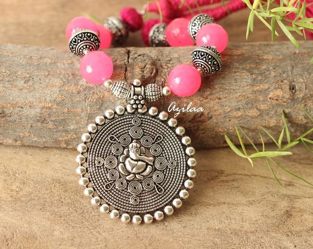 Hot pink Statement artisan handmade necklace earrings set