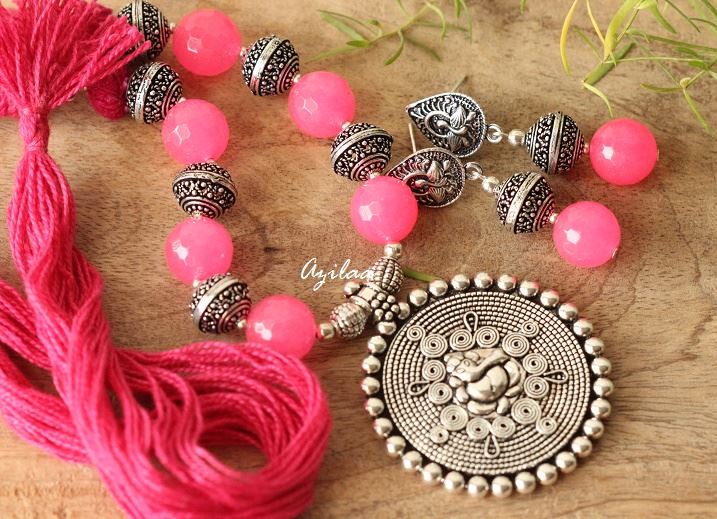 Hot pink Statement artisan handmade necklace earrings set