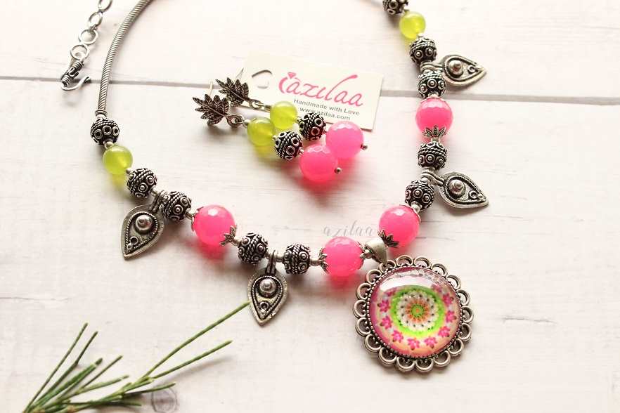 Boho Hot pink choker statement oxidized silver tone necklace set