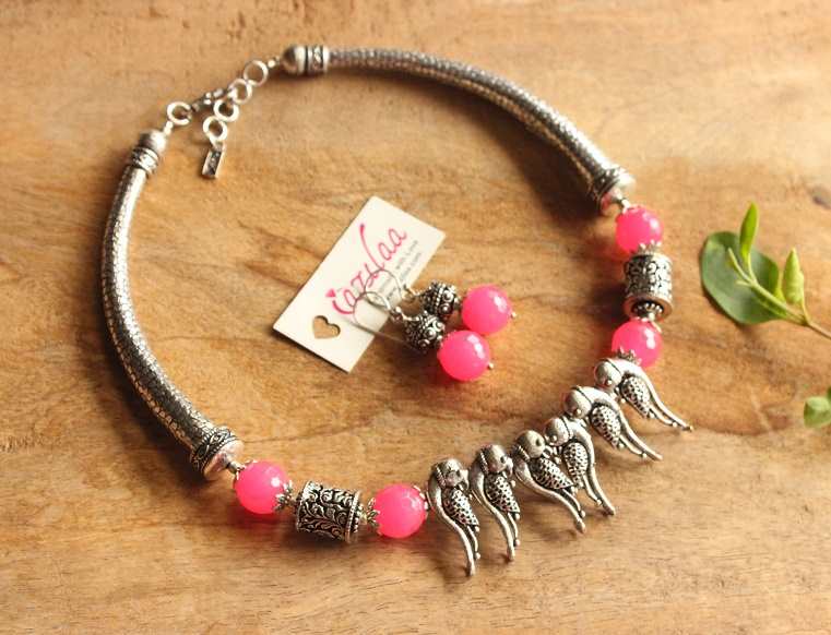 Hot pink parrot statement oxidized silver tone bird necklace set