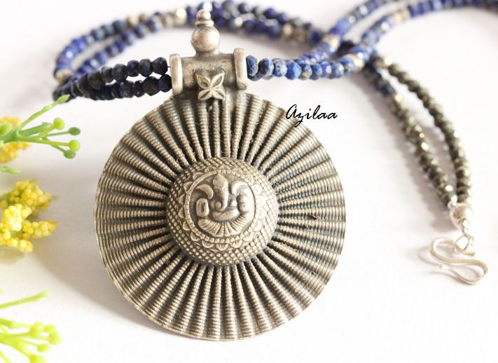 LAPIS Artisan gemstone Ganesha Pendant sterling silver Necklace at
