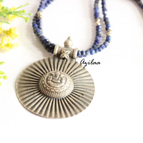LAPIS Artisan gemstone Ganesha Pendant sterling silver Necklace at