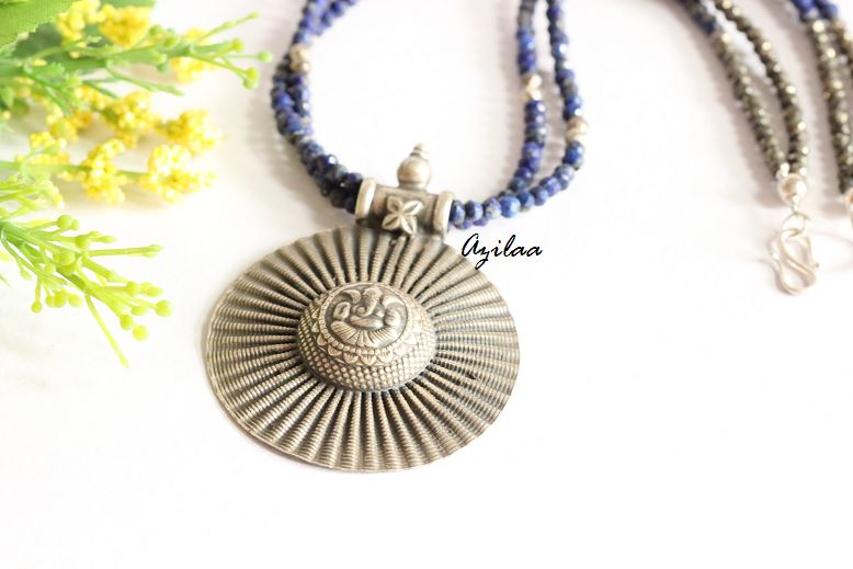 LAPIS Artisan gemstone Ganesha Pendant sterling silver Necklace at