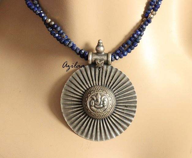 LAPIS Artisan gemstone Ganesha Pendant sterling silver Necklace at