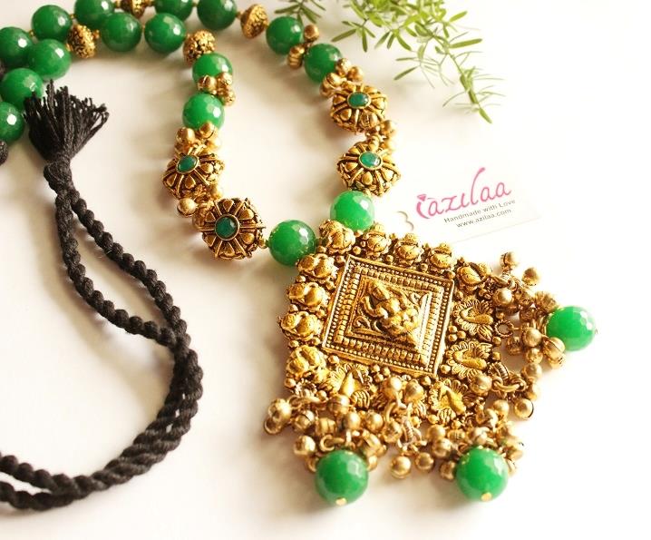LAXMI Statement Green gemstone antique gold tone necklace set