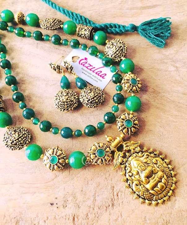 LAXMI Statement Green gemstone antique gold tone necklace set at ?4550 ...