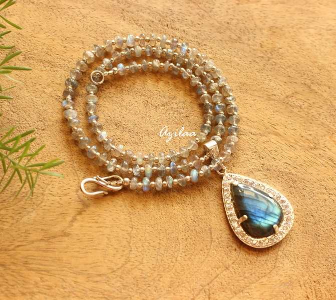  Labradorite gemstone sterling silver Pendant beaded Necklace
