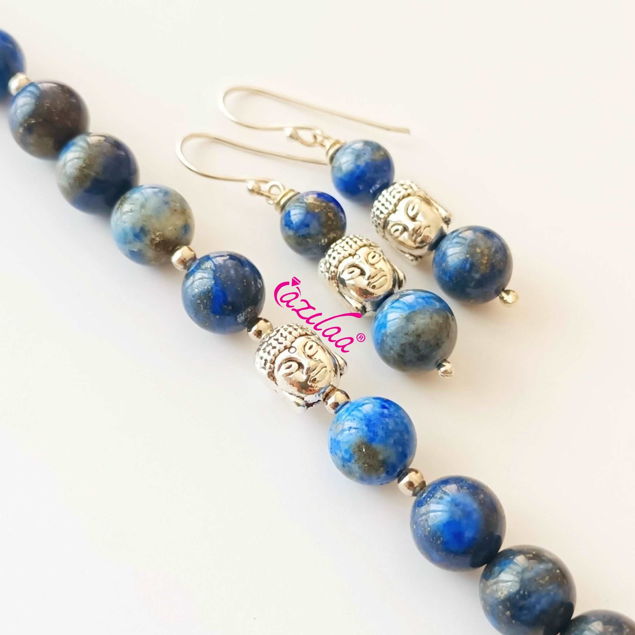 Lapis lazuli beaded buddha bracelet earrings set