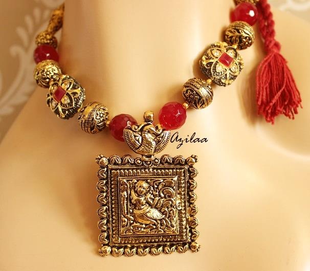 Laxmi pendant necklace earrings set, Maroon jewellery set at ?3250 | Azilaa