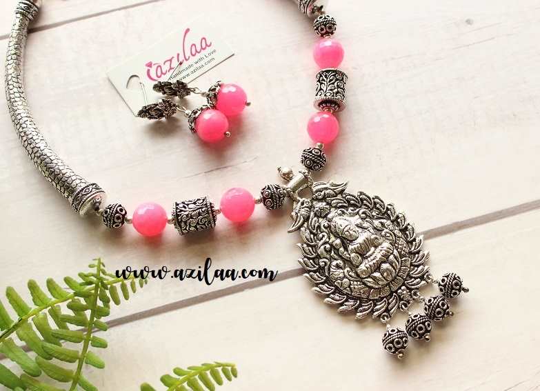  Laxmi pendant Goddess pink necklace set, Blue gemstone necklace