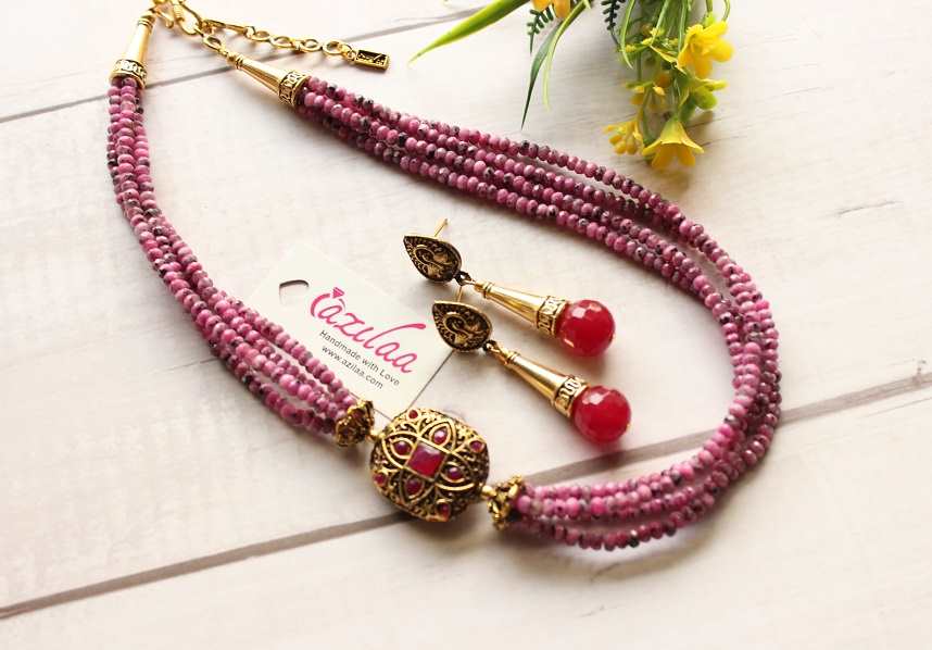 Layered mix pink antique golden necklace earrings set